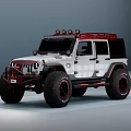 White Off Road Car With Red Roof Rack Roof Lights Large Tires And Black Wheels