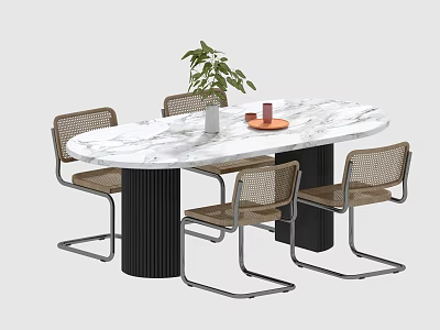 Modern Dining Table Set with Marble Top Black Legs Woven Seats and Potted Plant 3d model