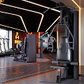 Modern Fitness Gym Interior Featuring Treadmills Ellipticals Strength Machines And Orange Accent Lighting