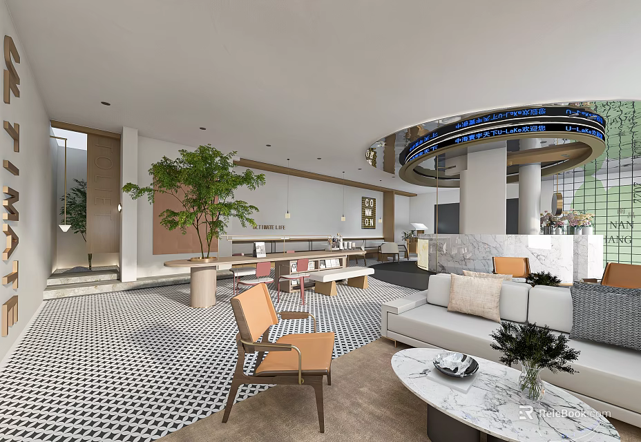 Modern Sales Office Open Space With Round Reception Desk Green Plants Sofa And Geometric Floor Tiles 3d model 