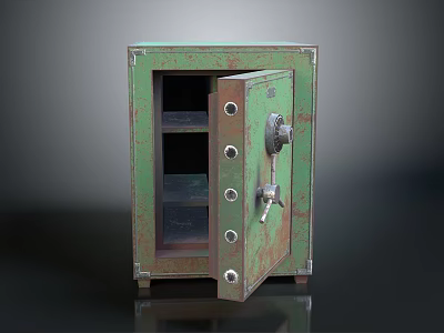 Rusty Green Safe With Open Door And Shelves Inside Vintage Design 3d model