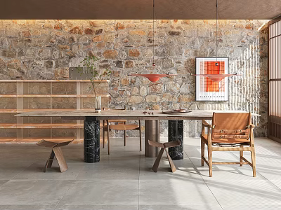 Rustic Dining Table Set With Wooden Chairs Bench Black Legs Stone Wall Pendant Light 3d model