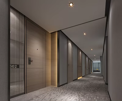 Modern Hotel Corridor With Room Number 302 Wooden Doors Recessed Lighting And Textured Flooring 3d model