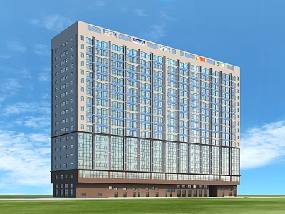 Modern High Rise Residential Building With Glass Windows Exterior Design And Green Lawn 3d model