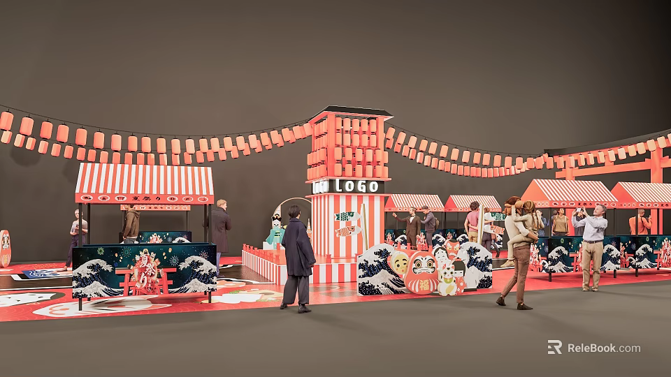 Traditional Commercial Street Design With Red Lanterns Stalls Pedestrians And Architecture 3d model 