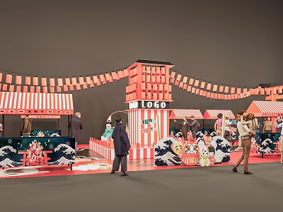 Traditional Commercial Street Design With Red Lanterns Stalls Pedestrians And Architecture 3d model