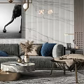 Modern Sofa and Coffee Table Set with Blue Pillows Marble Top Decorative Wall Art