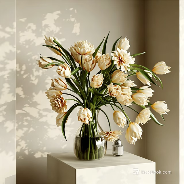 Elegant Transparent Glass Vase With Cream White Tulips And Daisies On Light Table 3d model 