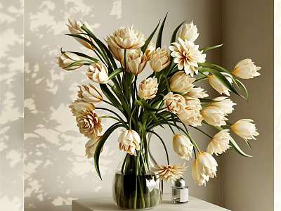 Elegant Transparent Glass Vase With Cream White Tulips And Daisies On Light Table 3d model