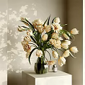 Elegant Transparent Glass Vase With Cream White Tulips And Daisies On Light Table