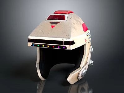 Futuristic Mechanical Helmet with Red Top Colorful Indicator Lights and Metallic Accents 3d model