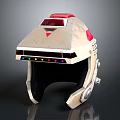 Futuristic Mechanical Helmet with Red Top Colorful Indicator Lights and Metallic Accents
