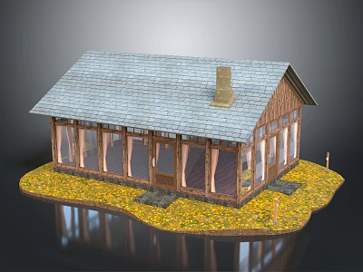 Wooden House with Gray Roof and Chimney Large Windows Surrounded by Yellow Fallen Leaves 3d model