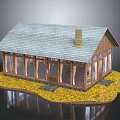 Wooden House with Gray Roof and Chimney Large Windows Surrounded by Yellow Fallen Leaves