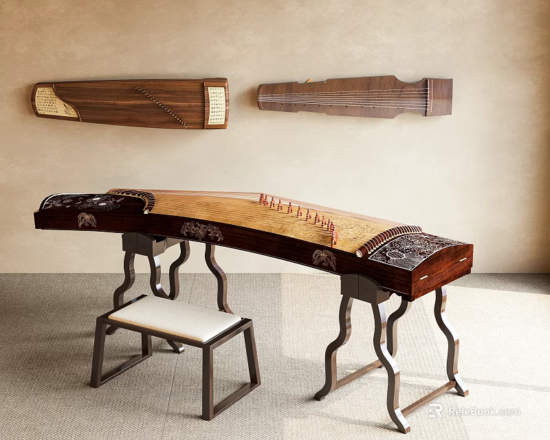 Wooden Musical Instruments Wall Mounted Parts And Guzheng On Carved Stand With Stool 3d model 