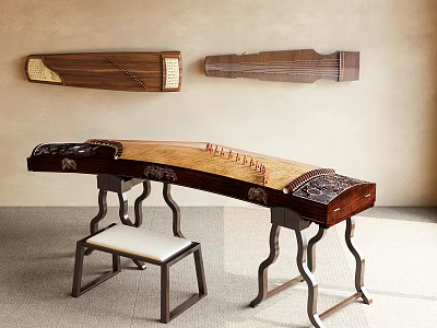 Wooden Musical Instruments Wall Mounted Parts And Guzheng On Carved Stand With Stool 3d model