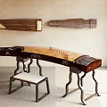 Wooden Musical Instruments Wall Mounted Parts And Guzheng On Carved Stand With Stool