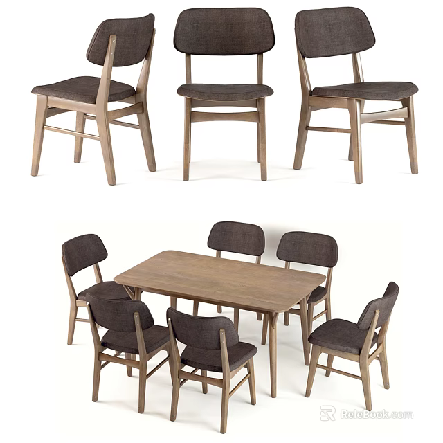 Modern Wooden Dining Set With Rectangular Table And Six Upholstered Chairs 3d model