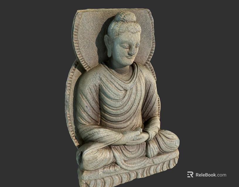 Traditional Buddha Stone Sculpture Seated with Clasped Hands and Backrest Decoration 3d model 