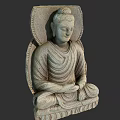 Traditional Buddha Stone Sculpture Seated with Clasped Hands and Backrest Decoration