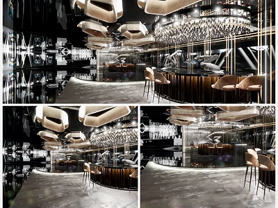 Modern Bar Interior Design With Crystal Chandelier Lights And High Stools Seating 3d model