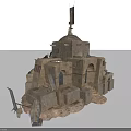Ancient Stone Fortress Structure With Dome Arched Doors Tower And Rough Texture 3d model