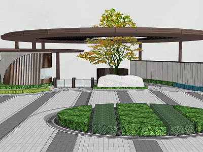 Modern Entrance Gate Design With Wooden Canopy Greenery Large Tree And White Sculpture 3d model
