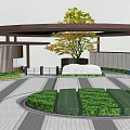 Modern Entrance Gate Design With Wooden Canopy Greenery Large Tree And White Sculpture