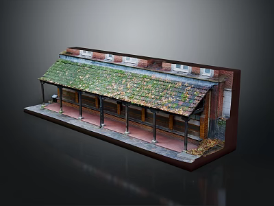 Detailed Brick Building Model With Green Roof And Columned Veranda Structure 3d model