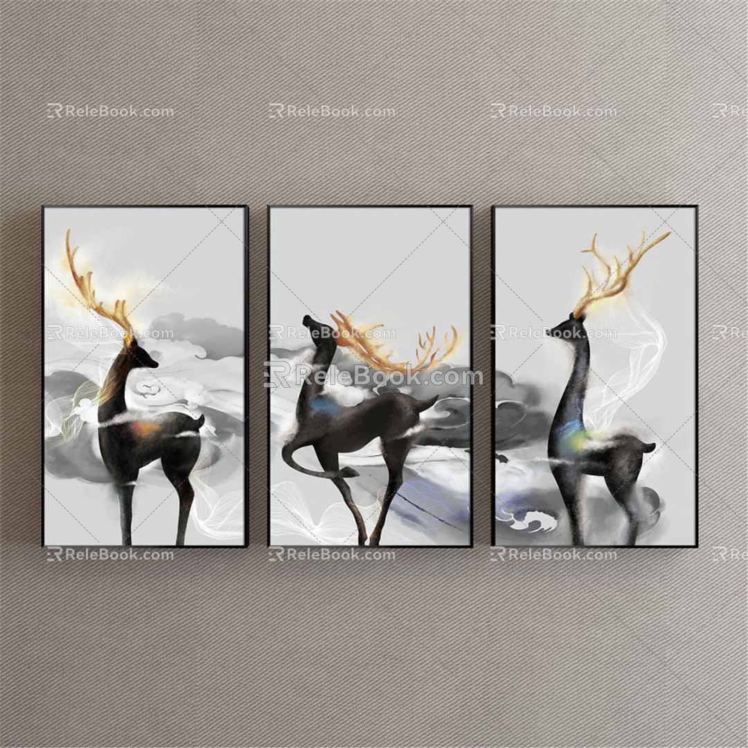 Modern Animal Painting Gold and Silver Living Room Abstract Deer Decorative Painting 3d model