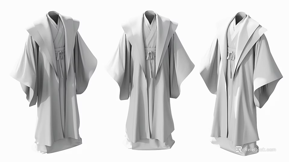 Three Gray Loose Fit Robes With Wide Sleeves And Traditional Style Design 3d model 