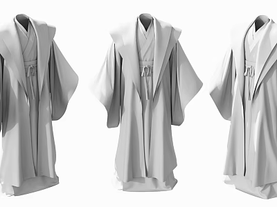 Three Gray Loose Fit Robes With Wide Sleeves And Traditional Style Design 3d model