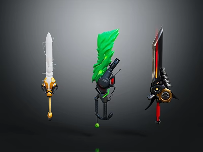Three Unique Fantasy Weapons Featuring Gold Green Red Decorative Elements And Different Designs 3d model