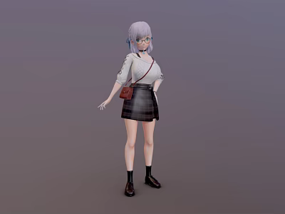 Anime Female Character With Purple Hair Wearing Glasses White Shirt Plaid Skirt Brown Crossbody Bag 3d model