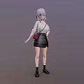 Anime Female Character With Purple Hair Wearing Glasses White Shirt Plaid Skirt Brown Crossbody Bag