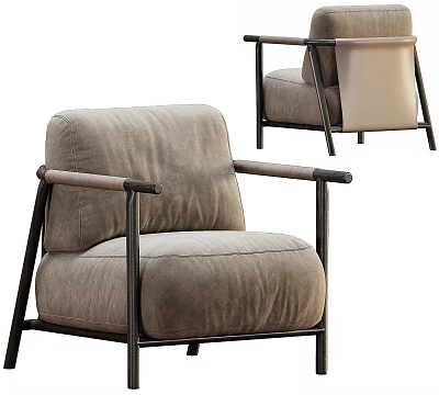 Minimalist Single Sofa In Beige Plush Fabric With Dark Armrests And Black Metal Legs 3d model