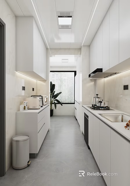 Modern Kitchen Interior With White Cabinets Countertop Appliances Green Plant And Window 3d model 