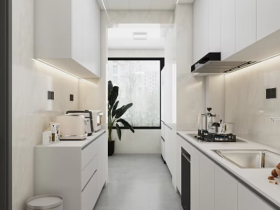 Modern Kitchen Interior With White Cabinets Countertop Appliances Green Plant And Window 3d model