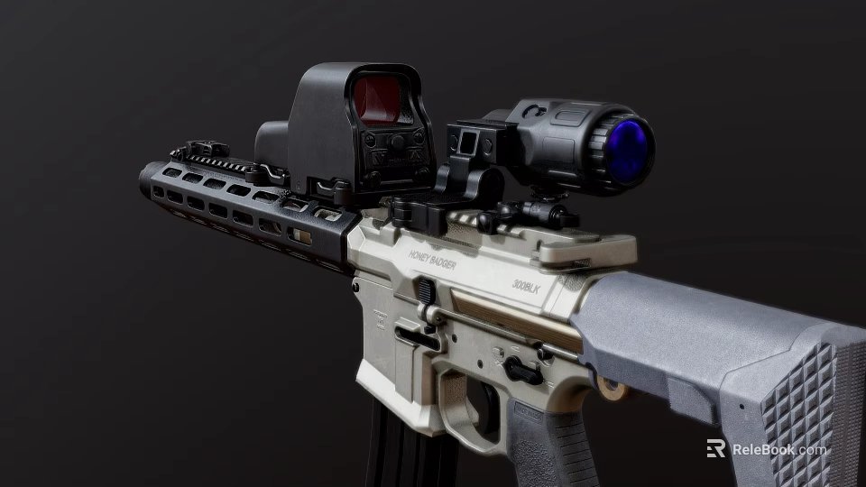Tactical Rifle With Red Dot Sight And Magnifying Scope On Picatinny Rail Tan Finish 3d model 