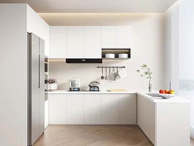 Modern Kitchen Interior Design With White Cabinets Island Counter Refrigerator And Appliances 3d model