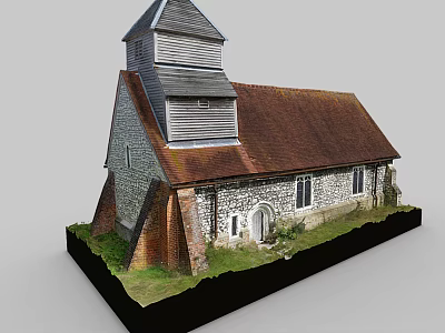 European Style Architecture Church Model With Tower Red Roof Stone Walls And Grass Area 3d model