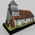 European Style Architecture Church Model With Tower Red Roof Stone Walls And Grass Area