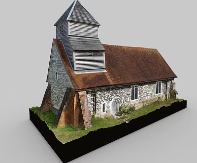European Style Architecture Church Model With Tower Red Roof Stone Walls And Grass Area 3d model