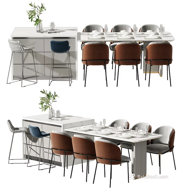 Modern Dining Table Set With White Top Brown Blue Chairs And Tableware Decor 3d model 