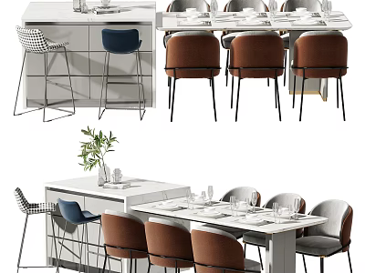 Modern Dining Table Set With White Top Brown Blue Chairs And Tableware Decor 3d model