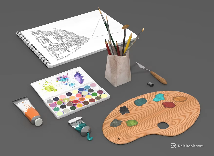 Essential Art Supplies For Drawing Including Sketchbook Paintbrushes Paint Tubes Palette And Knife 3d model 
