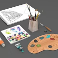 Essential Art Supplies For Drawing Including Sketchbook Paintbrushes Paint Tubes Palette And Knife