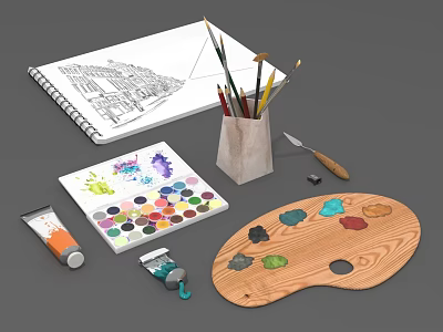 Essential Art Supplies For Drawing Including Sketchbook Paintbrushes Paint Tubes Palette And Knife 3d model