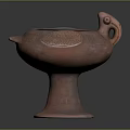 Traditional Terracotta Vessel With Bird Head Handle And Carved Patterns On Pedestal Base