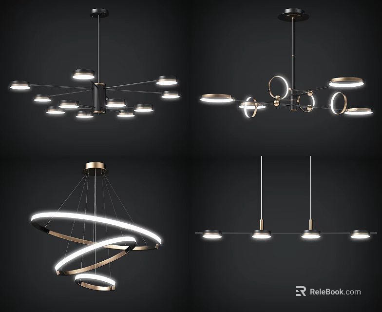 Modern Chandeliers Featuring Circular Rings Spiral Metal Frames And LED Lights 3d model
